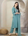 Geometric Foil Printed Poly Viscose Kurta Set with Palazzo & Dupatta