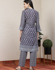 Ethnic Motif Printed A-Line Poly Muslin Kurta Set with Sewroskie Work