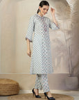 Abstract Printed A-Line Cotton Cambric Kurta with Embroidery & Palazzo