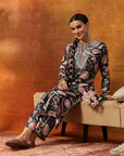 Wool Blend Floral Kurta Set with Zari Embroidery, Lace Detail & Solid Palazzo