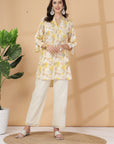 Yellow Abstract Print Rayon Slub Co-ord with Solid Palazzo