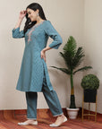 Solid A-Line Cotton Linen Kurta with Embroidery & Palazzo Set