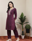 Solid A-Line Cotton Linen Kurta with Embroidery & Palazzo Set