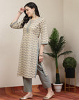 Ethnic Motif Printed Cotton Blend Straight Kurta Set with Chevron Palazzo