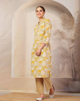 Patch Printed Cotton Cambric Kurta with Embroidery & Striped Palazzo