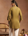 Olive Viscose Kurti with Mandarin Collar & Embroidered Yoke