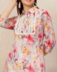 Floral Printed A-Line Poly Muslin Kurta with Schiffli Lace & Palazzo