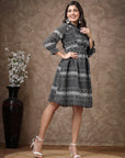 Floral Printed Poly Georgette Flared Dress with Mandarin Collar