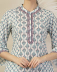 Abstract Printed A-Line Cotton Cambric Kurta with Embroidery & Palazzo