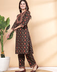 Floral Printed A-Line Cotton Kurta with Mandarin Collar & Palazzo