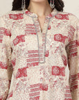 Patch Printed Cotton Cambric Kurta with Embroidery & Striped Palazzo