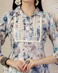Floral Printed A-Line Poly Muslin Kurta with Schiffli Lace & Palazzo