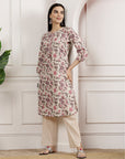 Floral Printed Cotton Kurta Set with Mirror Embroidery & Solid Palazzo