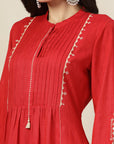 Solid A-Line Poly Viscose Kurta with Mandarin Collar & Embroidery