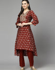 Ethnic Motif Printed A-Line Modal Chanderi Kurta Set with Zari Embroidery