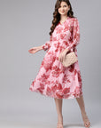 Floral Printed Chiffon Fit & Flare Midi Dress with Lace Detailing