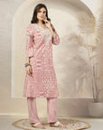 Patch Printed A-Line Cotton Cambric Kurta with Embroidery & Palazzo