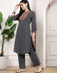 Striped Straight Kurta & Palazzo Set with Mandarin Collar