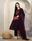 Solid Flared Poly Viscose Kurta Set with Embroidery & Chiffon Dupatta