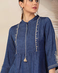 Solid A-Line Poly Viscose Kurta with Mandarin Collar & Embroidery