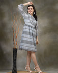 Floral Printed Poly Georgette Flared Dress with Mandarin Collar
