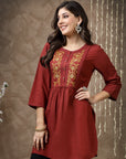 Solid A-Line Cotton Tunic with Embroidered Yoke