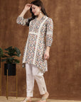 Beige High-Low Cotton Kurti with Geometric Print & Lace Shirt Collar