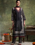 Printed Linen Kurta Set with Mirror Embroidery & Striped Dupatta