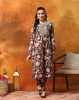 Wool Blend Floral Kurta Set with Zari Embroidery, Lace Detail & Solid Palazzo