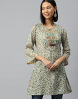 Floral Printed Cotton A-Line Kurti with Tie-Up Neck