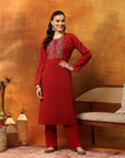 Wool Blend Calf-Length Kurta Set with Round Neck & Thread Embroidery
