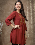 Solid A-Line Cotton Tunic with Embroidered Yoke