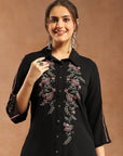 Solid A-Line Crepe Tunic with Thread Embroidery & Lace Detail