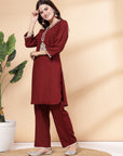 Floral Embroidered Straight Kurta Set with Lace-Detailed Palazzos