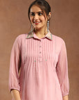 Solid Chiffon Tunic with Mirror Embroidery & Shirt Collar