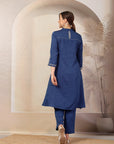 Solid A-Line Poly Viscose Kurta with Mandarin Collar & Embroidery