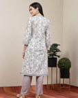Floral Printed Cotton Blend Straight Kurta with Lace-Tassel Neckline & Palazzo