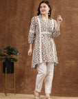 Beige High-Low Cotton Kurti with Geometric Print & Lace Shirt Collar