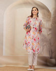 Floral Printed A-Line Poly Muslin Kurta with Schiffli Lace & Palazzo