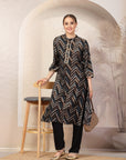 Stripe Printed A-Line Poly Viscose Kurta Set with Zari Embroidery