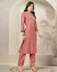 Bandhani Printed Poly Linen A-Line Kurta Set with Zari Embroidery