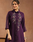 Solid A-Line Crepe Tunic with Thread Embroidery & Lace Detail