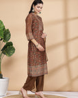 Floral Printed A-Line Poly Chanderi Kurta Set with Dupatta