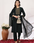 Solid Flared Poly Viscose Kurta Set with Embroidery & Chiffon Dupatta