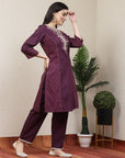 Solid A-Line Cotton Linen Kurta with Embroidery & Palazzo Set