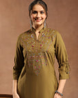 Olive Viscose Kurti with Mandarin Collar & Embroidered Yoke