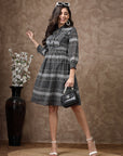 Floral Printed Poly Georgette Flared Dress with Mandarin Collar