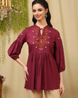 Solid Embroidered Flared Rayon Kurti
