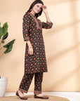 Floral Printed A-Line Cotton Kurta with Mandarin Collar & Palazzo