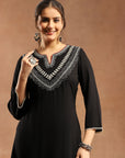 Thread Embroidered Rayon Kurta Set with Lace Sleeves & Printed Dupatta